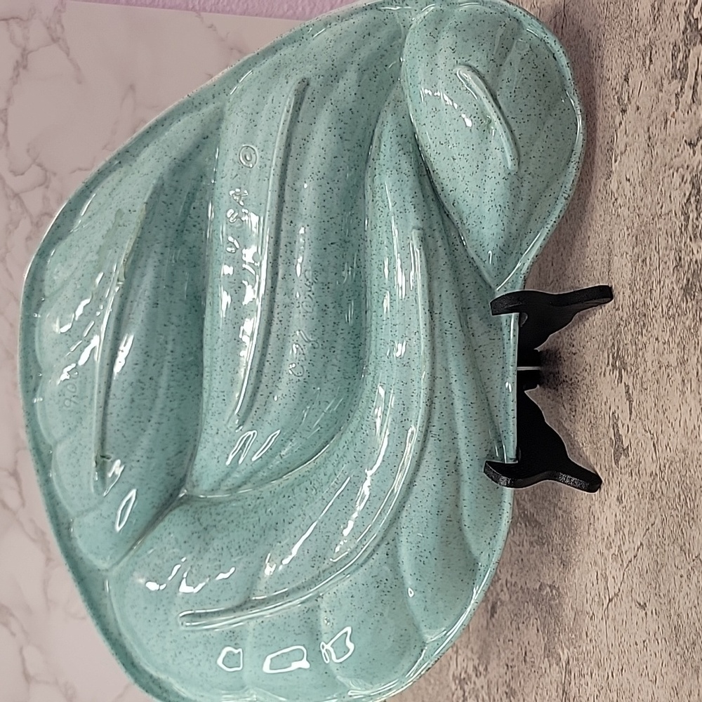 Mid Century Modern California Pottery Turquoise & Gold Leaf Divided Relish Tray - Picture 3 of 11
